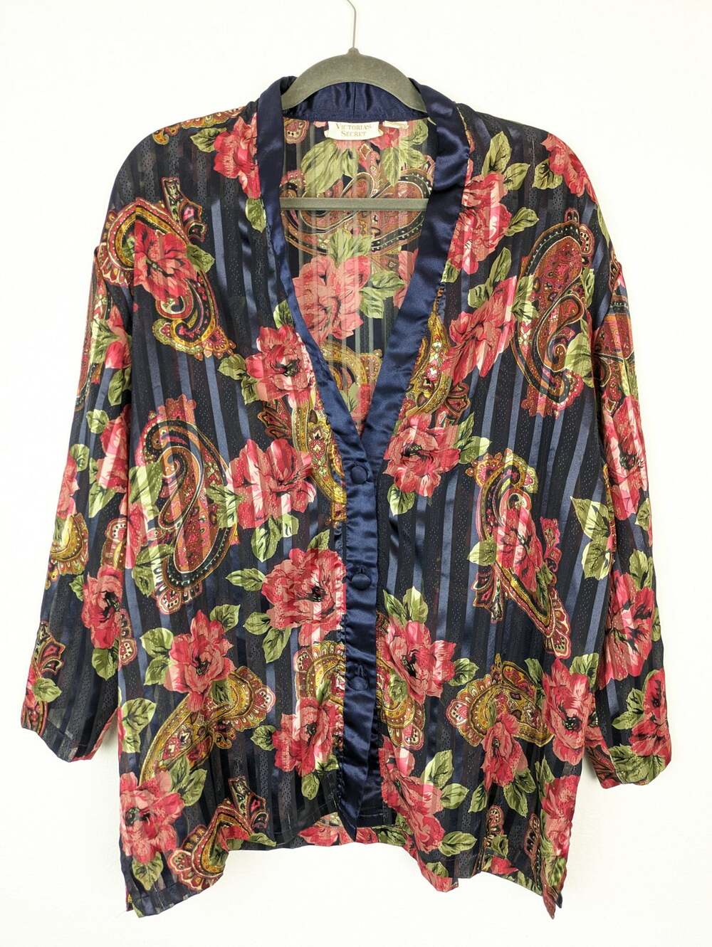 Victoria's Secret Robe Gold Label Kimono Floral Metallic Boudoir Blue Red Size L
